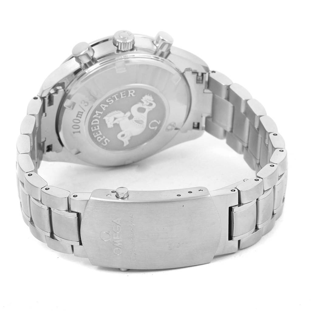 The image shows the back and clasp of an Omega Speedmaster 323.30.40.40.04.001 Men
s Stainless Steel White Dial 323.30.40.40.04.001 Men
s Stainless Steel White Dial watch, highlighting its stainless steel bracelet and engraved case back.