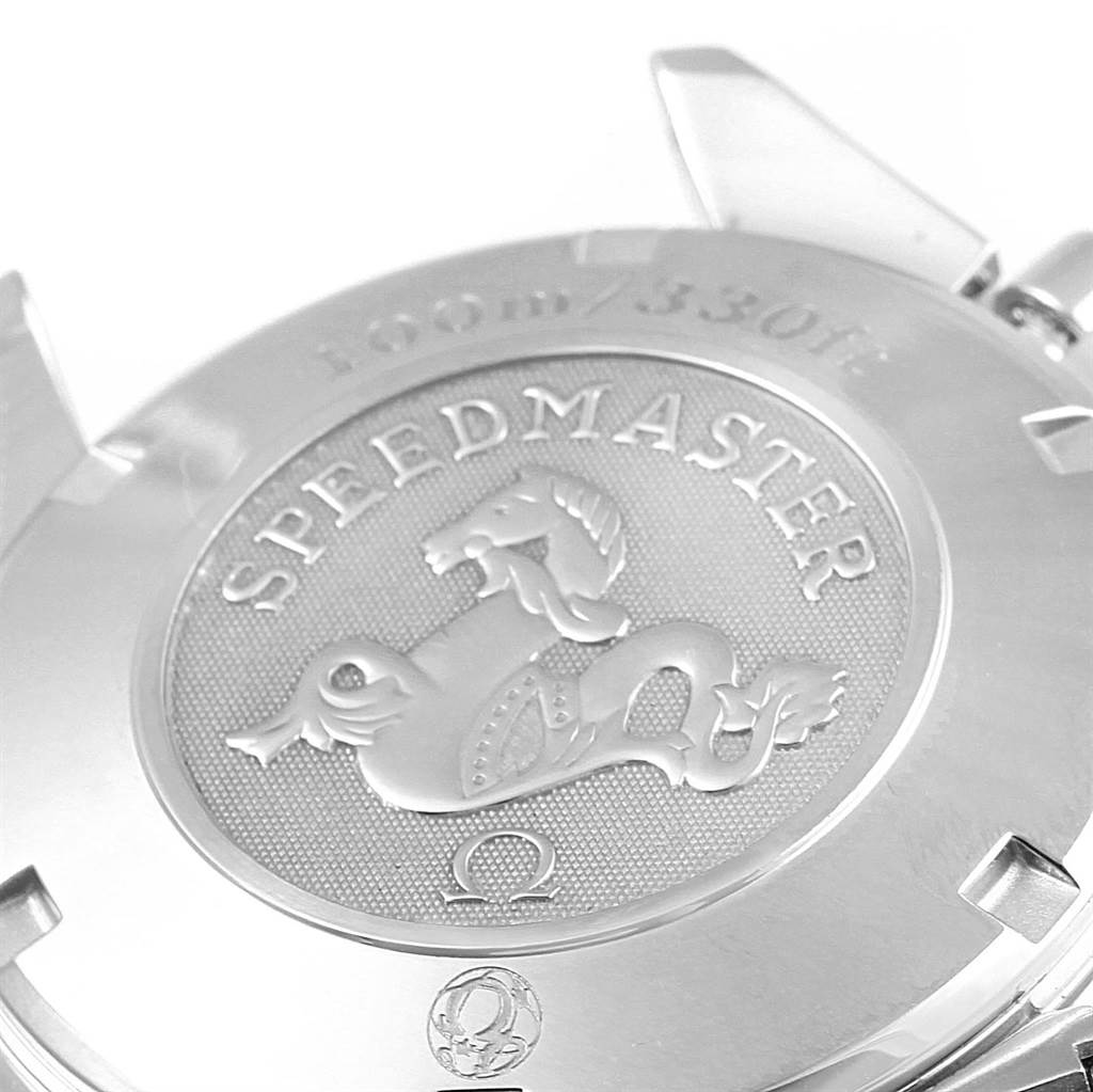 The image shows the case back of an Omega Speedmaster 323.30.40.40.04.001 Men
s Stainless Steel White Dial 323.30.40.40.04.001 Men
s Stainless Steel White Dial watch, featuring the engraved logo and text.