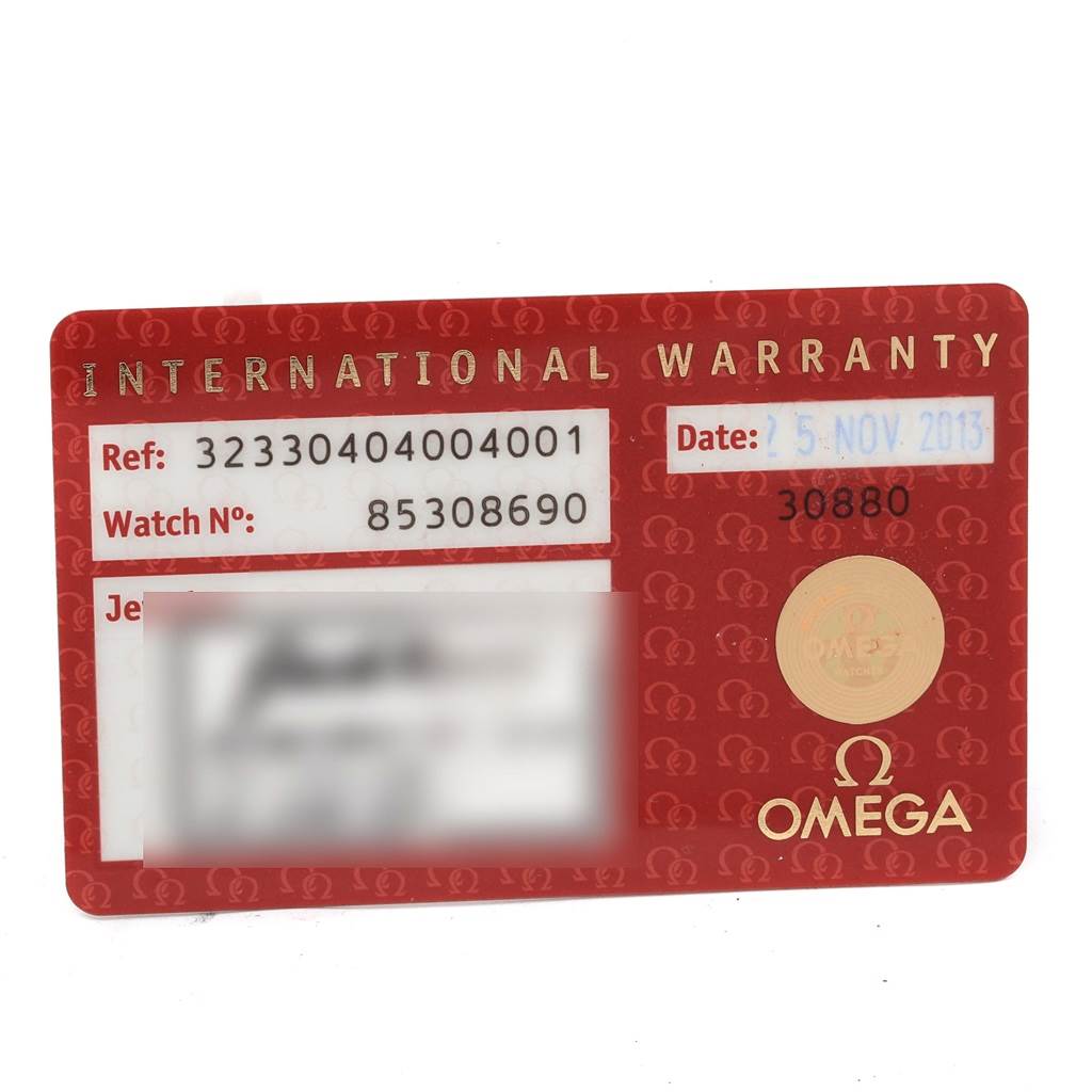 This image shows an Omega Speedmaster 323.30.40.40.04.001 Men
s Stainless Steel White Dial 323.30.40.40.04.001 Men
s Stainless Steel White Dial International Warranty card with reference and watch numbers.