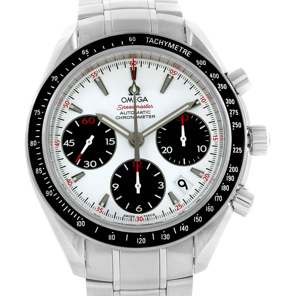 The Omega Speedmaster 323.30.40.40.04.001 Men
s Stainless Steel White Dial 323.30.40.40.04.001 Men
s Stainless Steel White Dial watch is shown from the front, highlighting its chronograph functions and tachymeter bezel.