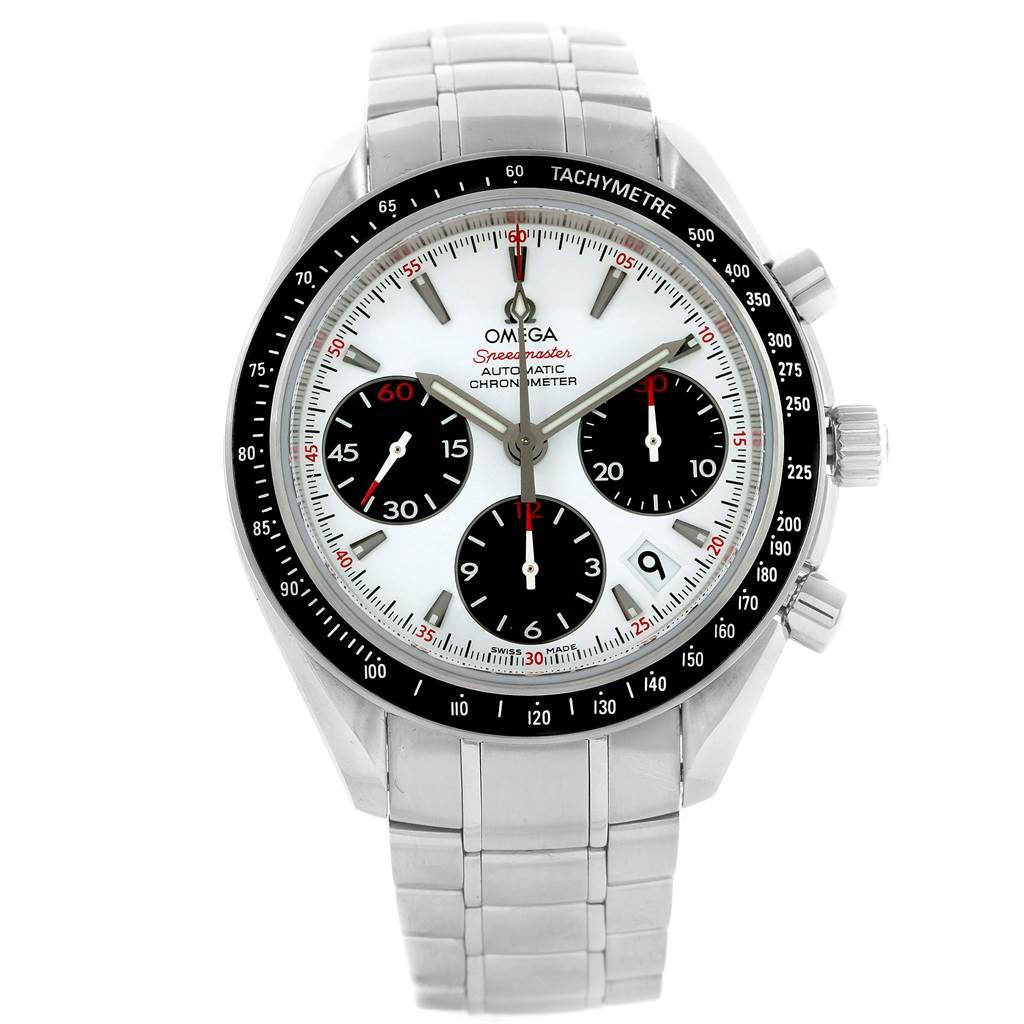This image shows a front view of an Omega Speedmaster 323.30.40.40.04.001 Men
s Stainless Steel White Dial 323.30.40.40.04.001 Men
s Stainless Steel White Dial watch with a white dial and stainless steel band.