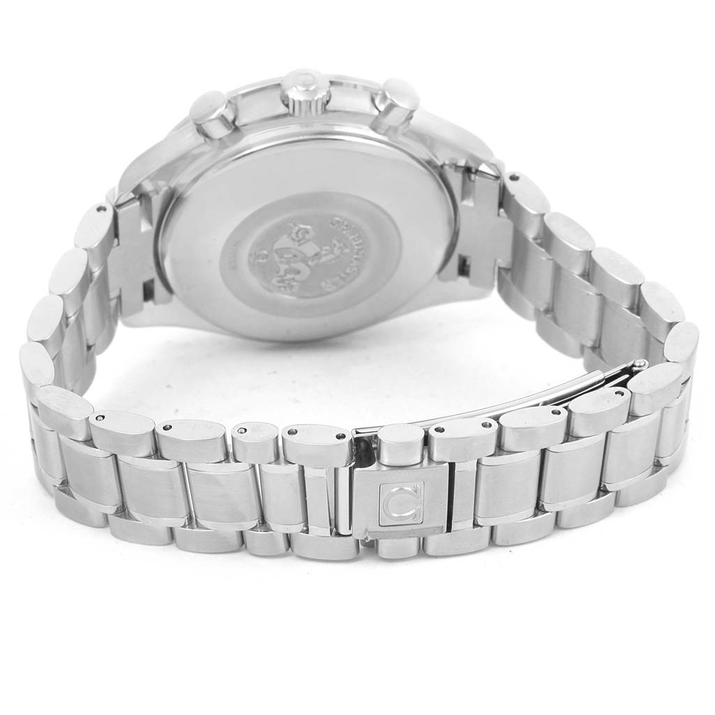 The image shows the back case and bracelet of an Omega Speedmaster 3523.30.00 Men
s Stainless Steel Silver Dial 3523.30.00 Men
s Stainless Steel Silver Dial watch, focusing on the clasp and the case back.