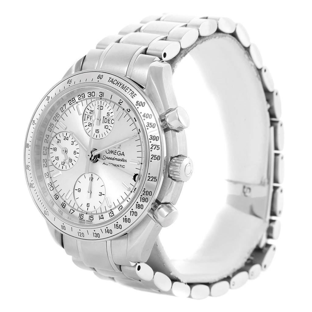 The image shows an angled, side view of the Omega Speedmaster 3523.30.00 Men
s Stainless Steel Silver Dial 3523.30.00 Men
s Stainless Steel Silver Dial watch, highlighting the face, crown, pushers, and stainless steel bracelet.