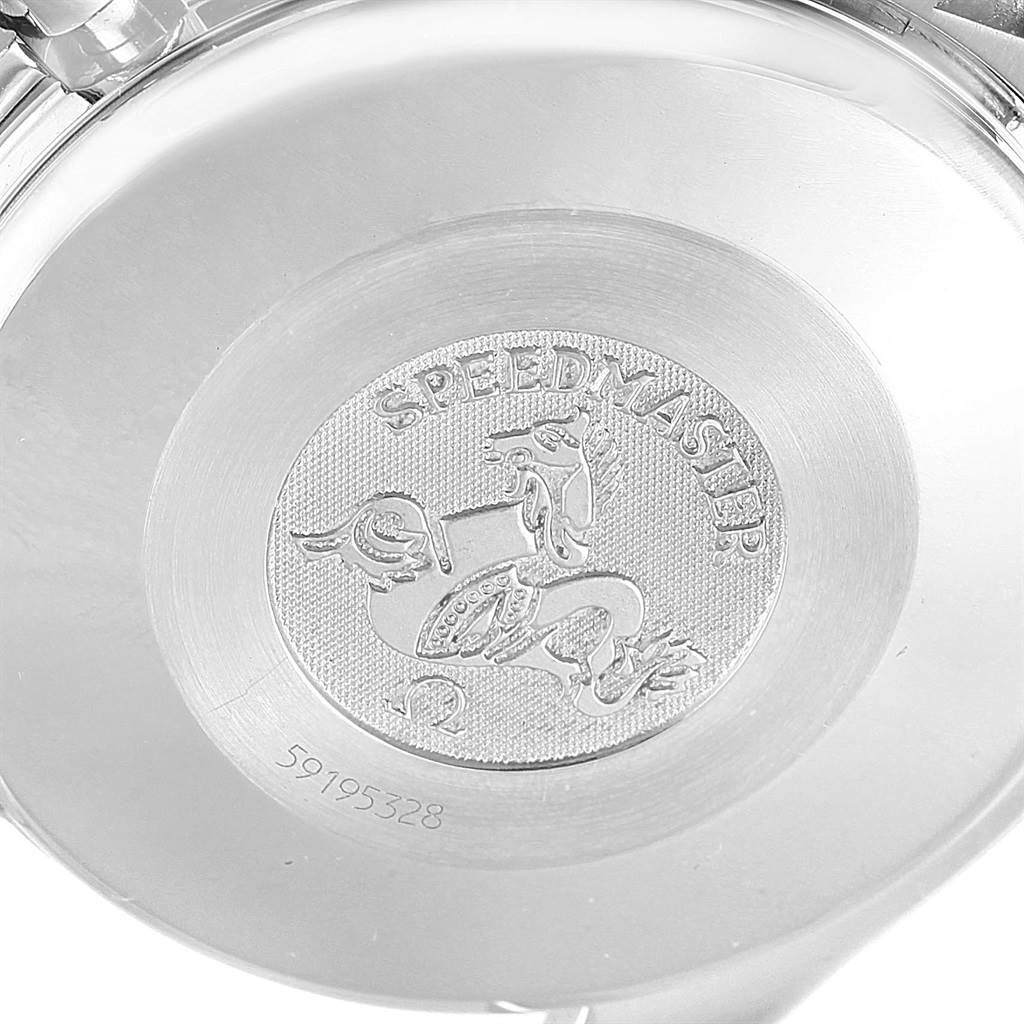 This image shows the engraved back case of the Omega Speedmaster 3523.30.00 Men
s Stainless Steel Silver Dial 3523.30.00 Men
s Stainless Steel Silver Dial watch.