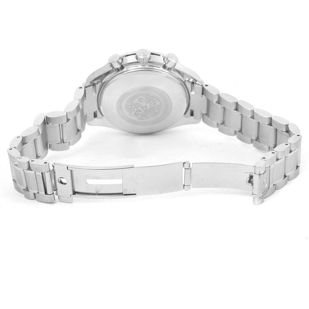 This image shows the open clasp and case back of the Omega Speedmaster 3523.30.00 Men
s Stainless Steel Silver Dial 3523.30.00 Men
s Stainless Steel Silver Dial watch, highlighting its metal bracelet.