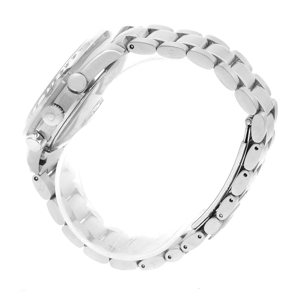 The image shows a side view of the Omega Speedmaster 3523.80.00 Men
s Stainless Steel Blue Dial 3523.80.00 Men
s Stainless Steel Blue Dial watch with a focus on the bracelet and side buttons.