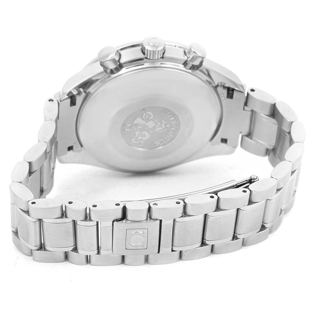 The image shows the back and bracelet of an Omega Speedmaster 3523.80.00 Men
s Stainless Steel Blue Dial 3523.80.00 Men
s Stainless Steel Blue Dial watch, highlighting the case back, crown, pushers, and clasp.