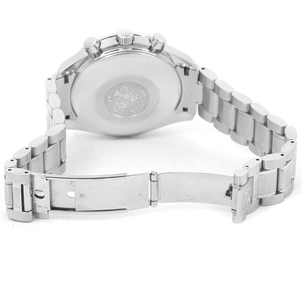 The image shows the back case and open clasp of an Omega Speedmaster 3523.80.00 Men
s Stainless Steel Blue Dial 3523.80.00 Men
s Stainless Steel Blue Dial watch, highlighting its stainless steel bracelet.