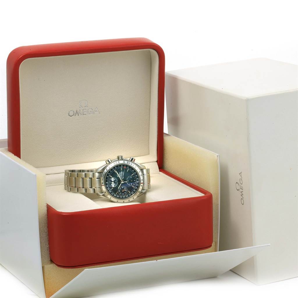 The Omega Speedmaster 3523.80.00 Men
s Stainless Steel Blue Dial 3523.80.00 Men
s Stainless Steel Blue Dial watch is displayed in an open, red and beige Omega box, showcasing its face and metal bracelet from a front angle.