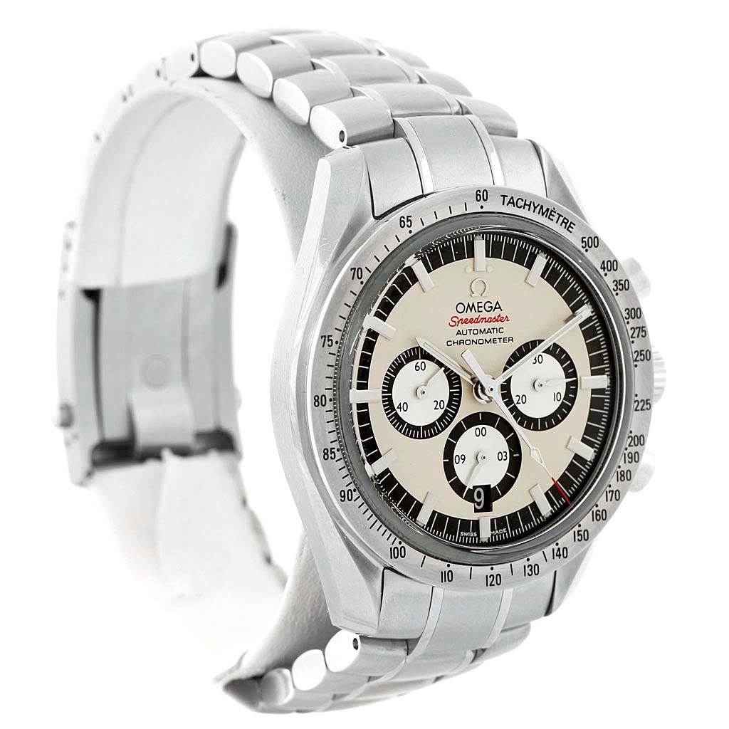 This image shows an Omega Speedmaster 3506.31.00 Men's Stainless Steel Silver Dial 3506.31.00 Men's Stainless Steel Silver Dial watch angled from the left side, highlighting its dial, tachymeter bezel, and steel bracelet.