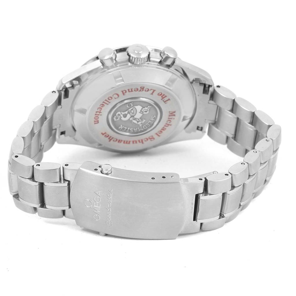 The image shows the back and clasp of an Omega Speedmaster 3506.31.00 Men's Stainless Steel Silver Dial 3506.31.00 Men's Stainless Steel Silver Dial watch, highlighting the bracelet and engraved case back.