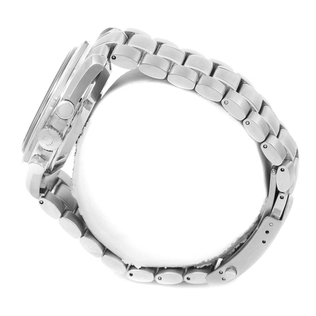 The image shows a side view of an Omega Speedmaster 3506.31.00 Men's Stainless Steel Silver Dial 3506.31.00 Men's Stainless Steel Silver Dial watch, focusing on the case and metal bracelet.