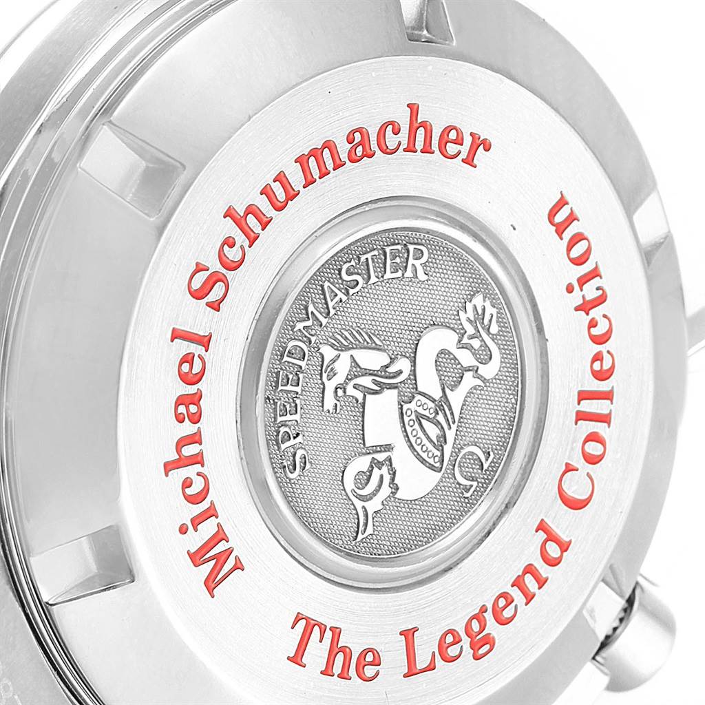 The image shows the back of an Omega Speedmaster 3506.31.00 Men's Stainless Steel Silver Dial 3506.31.00 Men's Stainless Steel Silver Dial watch from the Michael Schumacher Legend Collection, viewed at a close-up angle.