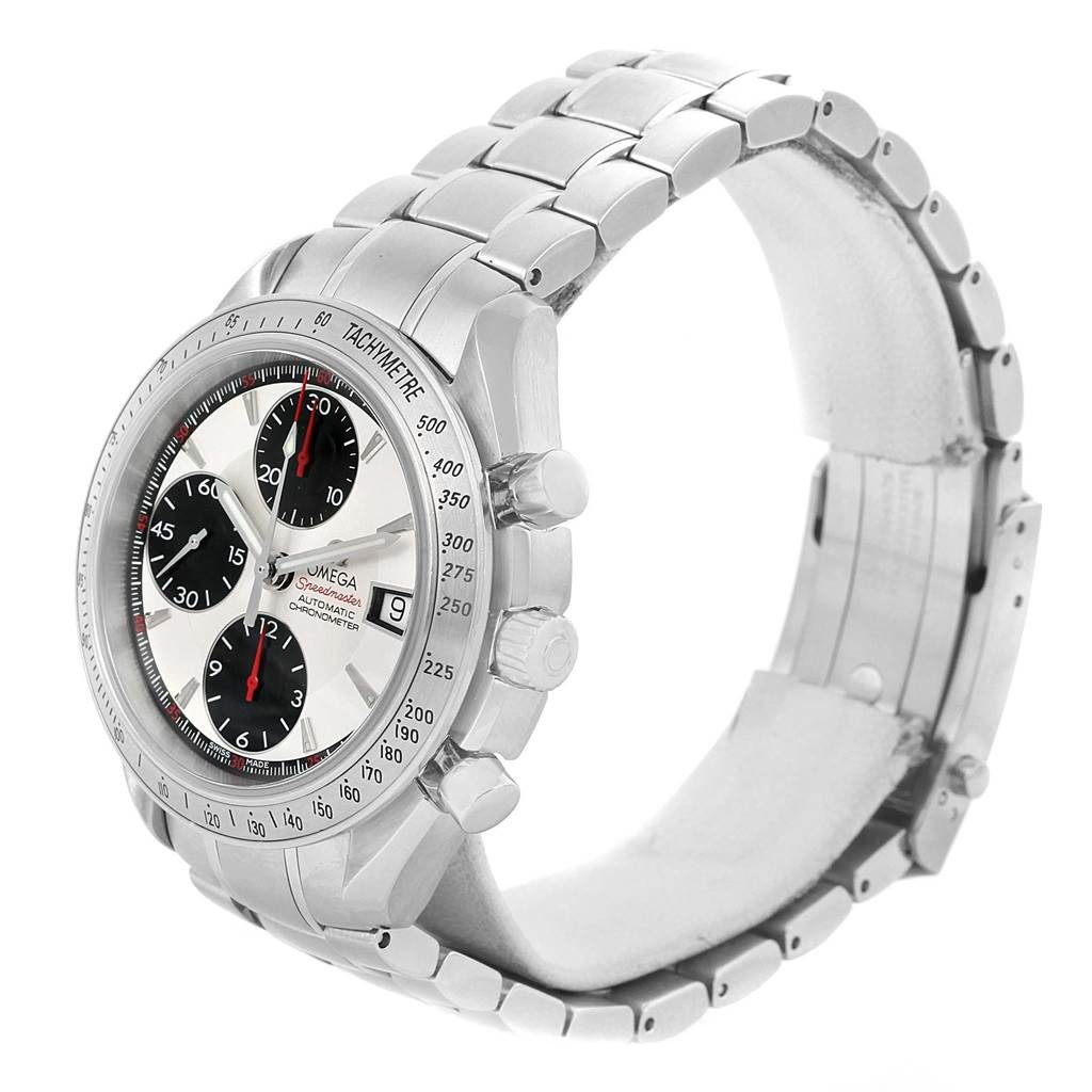 The image shows a side and front angle of an Omega Speedmaster 3211.31.00 Men
s Stainless Steel Silver Dial 3211.31.00 Men
s Stainless Steel Silver Dial watch, highlighting its dial, subdials, date window, and bracelet.