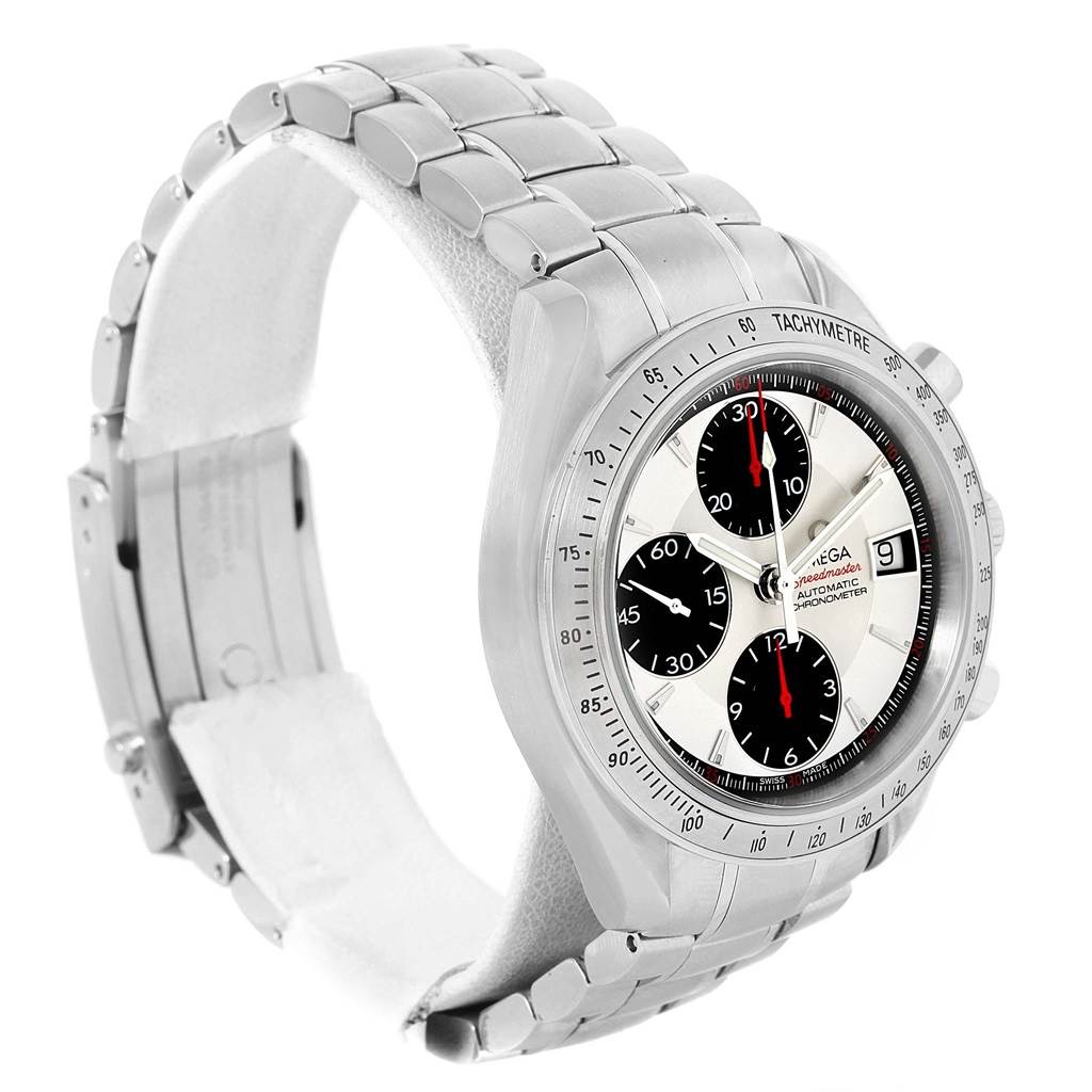 The image shows an angled view of the Omega Speedmaster 3211.31.00 Men
s Stainless Steel Silver Dial 3211.31.00 Men
s Stainless Steel Silver Dial watch, highlighting its bracelet, case, and dial.