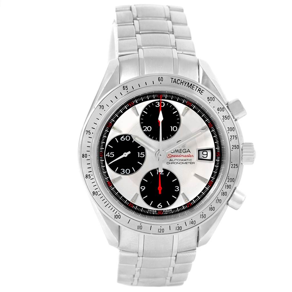 The image shows a front view of an Omega Speedmaster 3211.31.00 Men
s Stainless Steel Silver Dial 3211.31.00 Men
s Stainless Steel Silver Dial watch, highlighting its dial, tachymeter, and stainless steel bracelet.