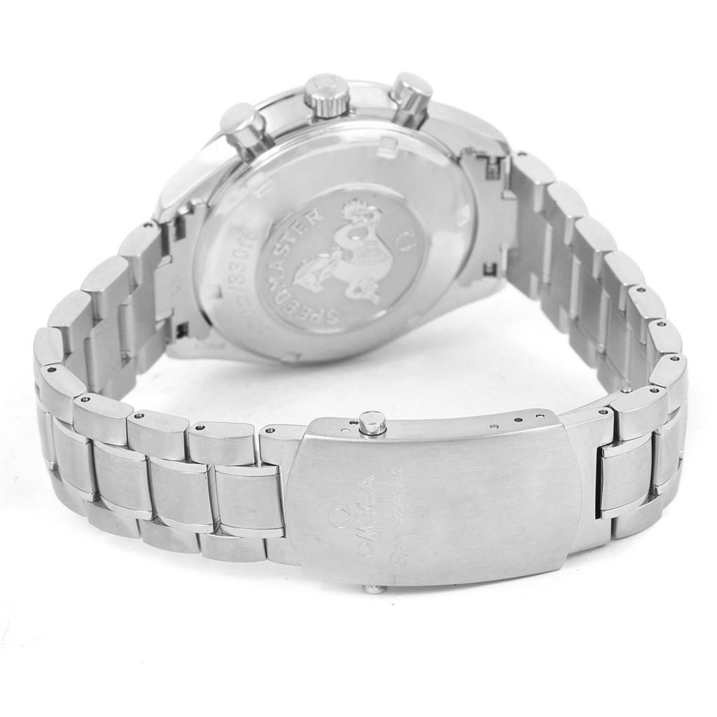 The image shows the back view of an Omega Speedmaster 3211.31.00 Men
s Stainless Steel Silver Dial 3211.31.00 Men
s Stainless Steel Silver Dial watch, highlighting its stainless steel case back and bracelet.