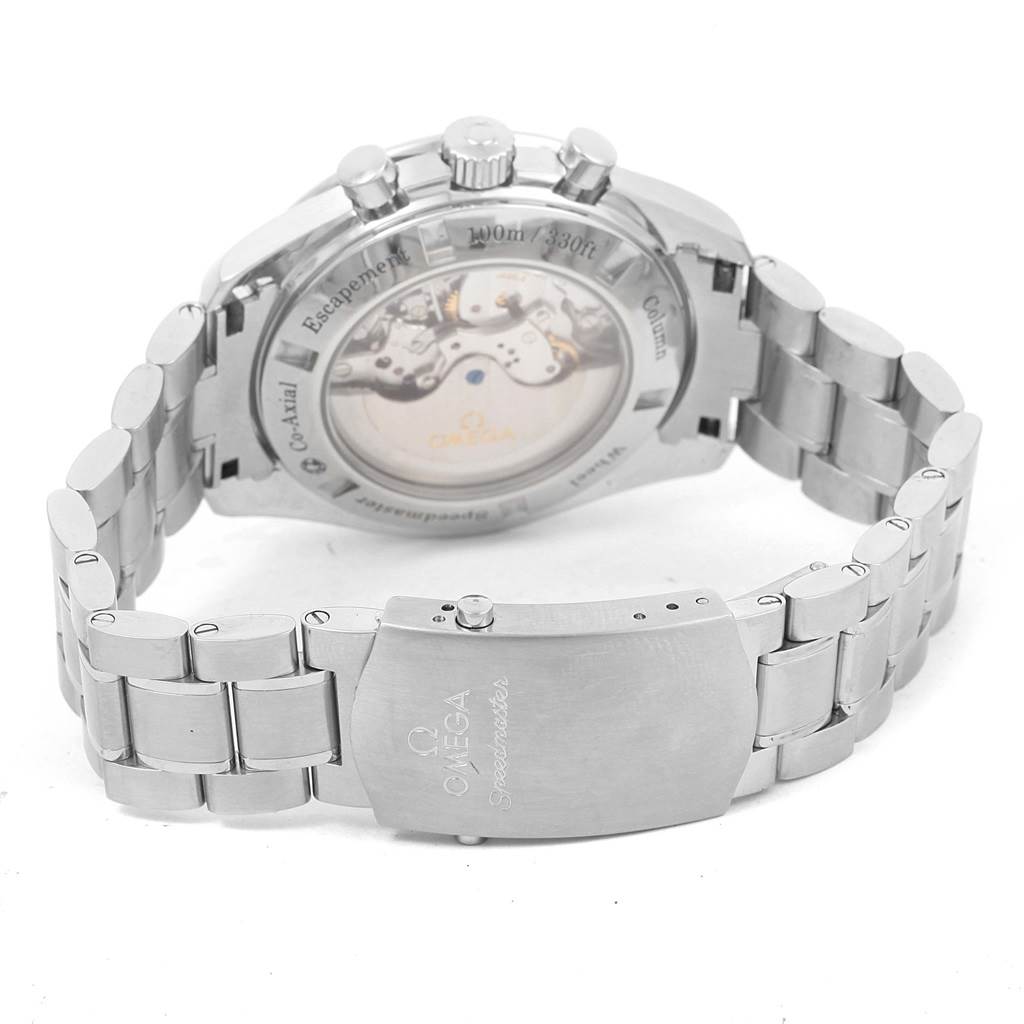 The image shows the back of the Omega Speedmaster 311.30.44.50.01.002 Men
s Stainless Steel Black Dial 311.30.44.50.01.002 Men
s Stainless Steel Black Dial watch, highlighting the case back, movement, bracelet, and clasp.