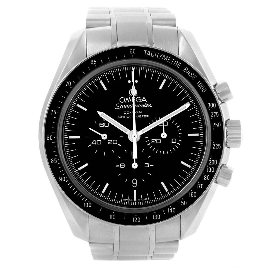 The image shows a front view of the Omega Speedmaster 311.30.44.50.01.002 Men
s Stainless Steel Black Dial 311.30.44.50.01.002 Men
s Stainless Steel Black Dial watch, displaying its dial, bezel, and part of its stainless steel bracelet.