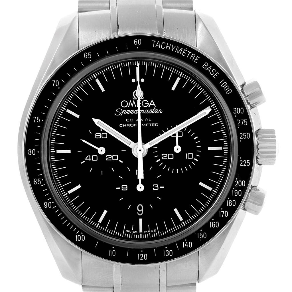 The image shows a front view of an Omega Speedmaster 311.30.44.50.01.002 Men
s Stainless Steel Black Dial 311.30.44.50.01.002 Men
s Stainless Steel Black Dial watch, clearly displaying its dial, bezel, and bracelet.