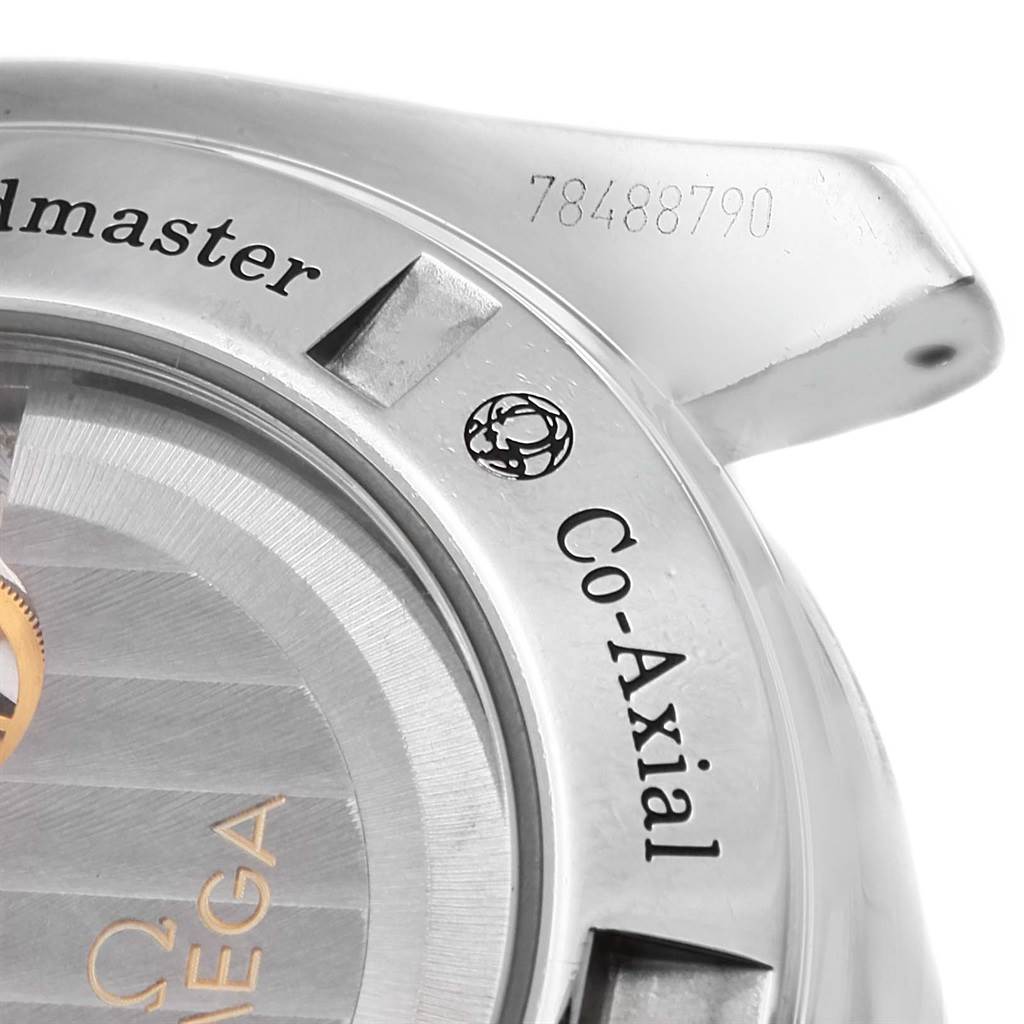 This image shows a close-up of the case back and lugs of an Omega Speedmaster 311.30.44.50.01.002 Men
s Stainless Steel Black Dial 311.30.44.50.01.002 Men
s Stainless Steel Black Dial Co-Axial watch.