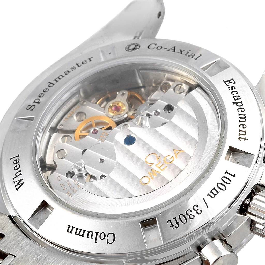 This image shows the back view of an Omega Speedmaster 311.30.44.50.01.002 Men
s Stainless Steel Black Dial 311.30.44.50.01.002 Men
s Stainless Steel Black Dial watch, highlighting its Co-Axial escapement mechanism.