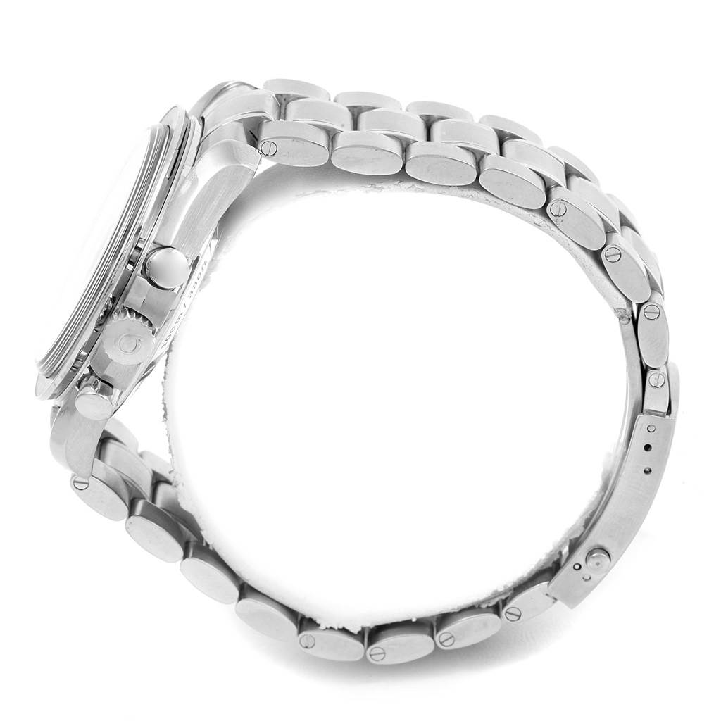 The image shows a side view of the Omega Speedmaster 311.30.44.50.01.002 Men
s Stainless Steel Black Dial 311.30.44.50.01.002 Men
s Stainless Steel Black Dial watch, highlighting the bracelet and crown.