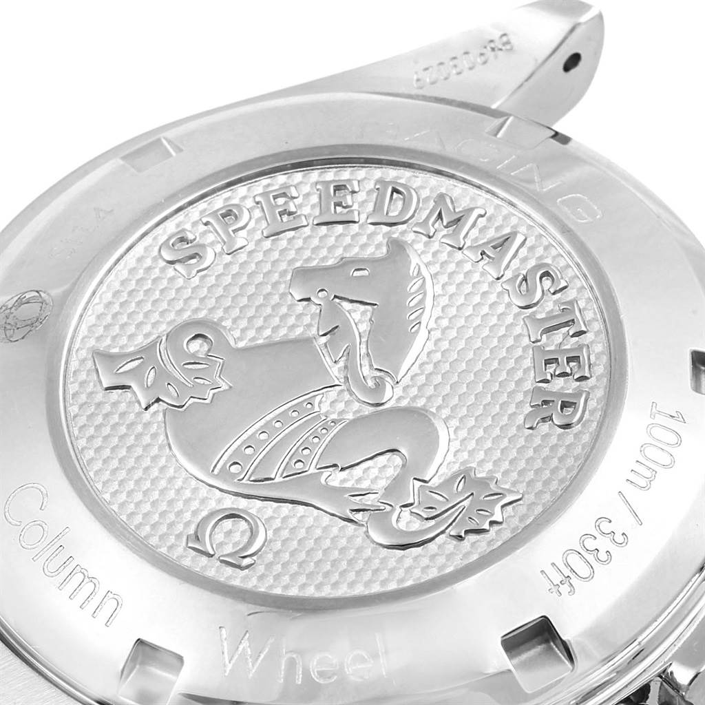 The image shows the engraved case back of an Omega Speedmaster 326.30.40.50.01.001 Men
s Stainless Steel Black Dial 326.30.40.50.01.001 Men
s Stainless Steel Black Dial watch, featuring the model name and a seahorse logo.