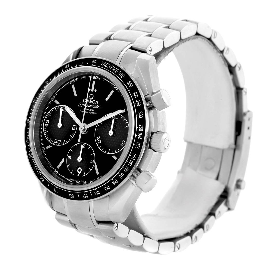 This Omega Speedmaster 326.30.40.50.01.001 Men
s Stainless Steel Black Dial 326.30.40.50.01.001 Men
s Stainless Steel Black Dial watch is shown at a three-quarter angle, highlighting its face, bezel, pushers, and bracelet.