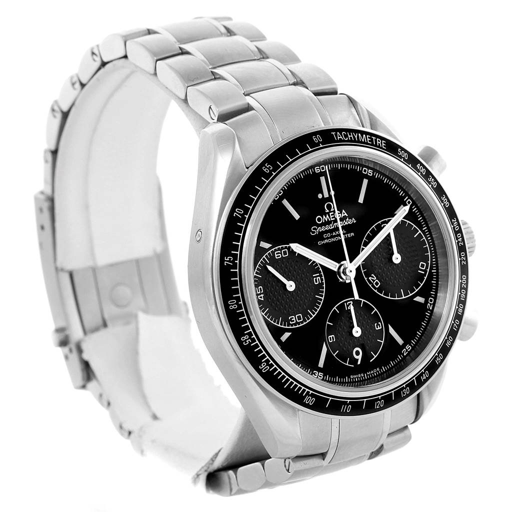 The Omega Speedmaster 326.30.40.50.01.001 Men
s Stainless Steel Black Dial 326.30.40.50.01.001 Men
s Stainless Steel Black Dial watch is shown at an angled front view, displaying the face, bezel, and bracelet.