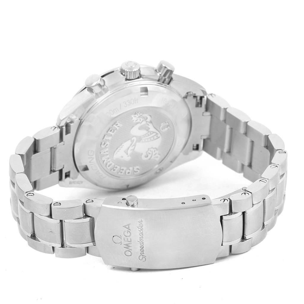 This image shows the back and bracelet of an Omega Speedmaster 326.30.40.50.01.001 Men
s Stainless Steel Black Dial 326.30.40.50.01.001 Men
s Stainless Steel Black Dial watch with the clasp and case back details visible.