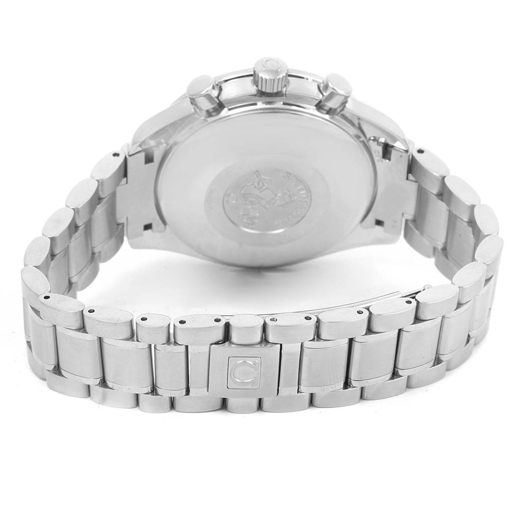 This image shows the back case and metal bracelet band of an Omega Speedmaster 3523.80.00 Men
s Stainless Steel Blue Dial 3523.80.00 Men
s Stainless Steel Blue Dial watch.