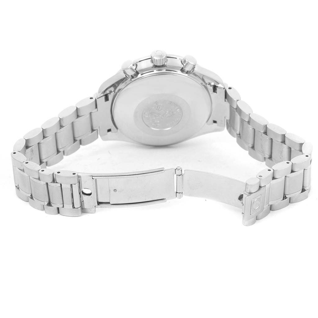 The Omega Speedmaster 3523.80.00 Men
s Stainless Steel Blue Dial 3523.80.00 Men
s Stainless Steel Blue Dial watch is shown from the back, displaying its closed case back and partially open stainless steel bracelet.