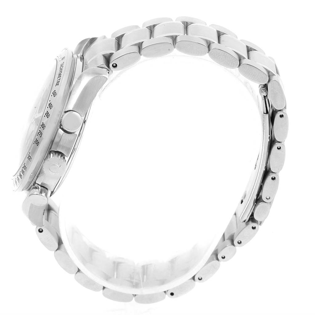 This is a side view of an Omega Speedmaster 3523.80.00 Men
s Stainless Steel Blue Dial 3523.80.00 Men
s Stainless Steel Blue Dial watch showing the metal bracelet, case side, and pushers.