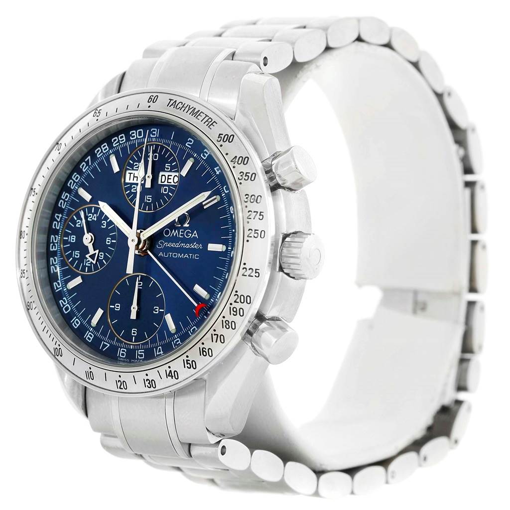 The image shows an angled view of an Omega Speedmaster 3523.80.00 Men
s Stainless Steel Blue Dial 3523.80.00 Men
s Stainless Steel Blue Dial watch, highlighting the face, bezel, crown, pushers, and metal bracelet.