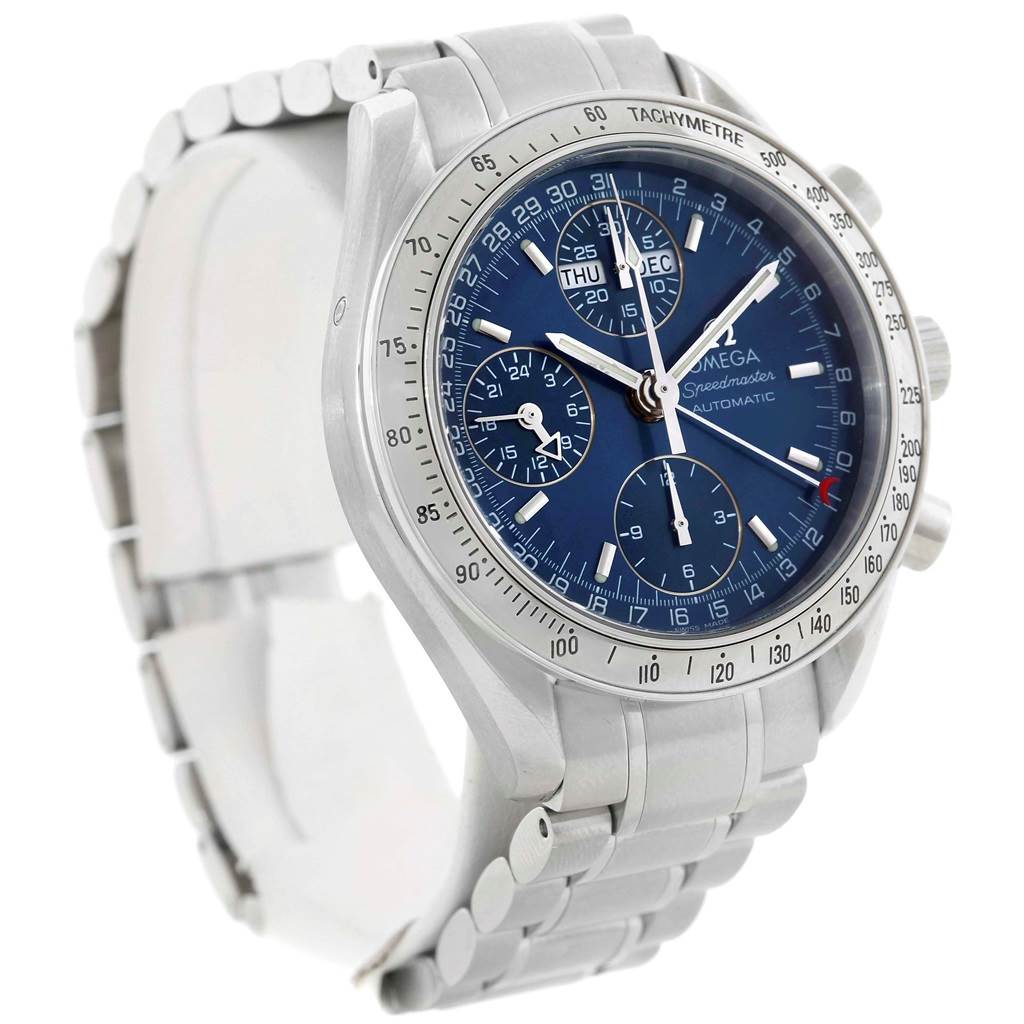 The Omega Speedmaster 3523.80.00 Men
s Stainless Steel Blue Dial 3523.80.00 Men
s Stainless Steel Blue Dial watch is shown from an angle displaying its face, bezel, bracelet, and side buttons.