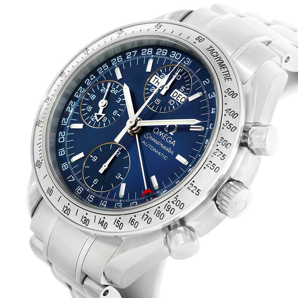 The Omega Speedmaster 3523.80.00 Men
s Stainless Steel Blue Dial 3523.80.00 Men
s Stainless Steel Blue Dial watch is shown at an angled side view, highlighting the face, side buttons, and part of the bracelet.