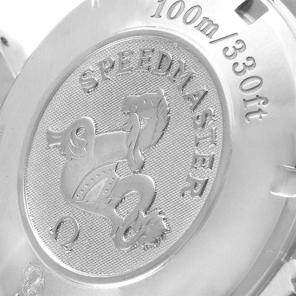 This image shows the engraved case back of an Omega Speedmaster 3210.52.00 Men
s Stainless Steel Black Dial 3210.52.00 Men
s Stainless Steel Black Dial watch.