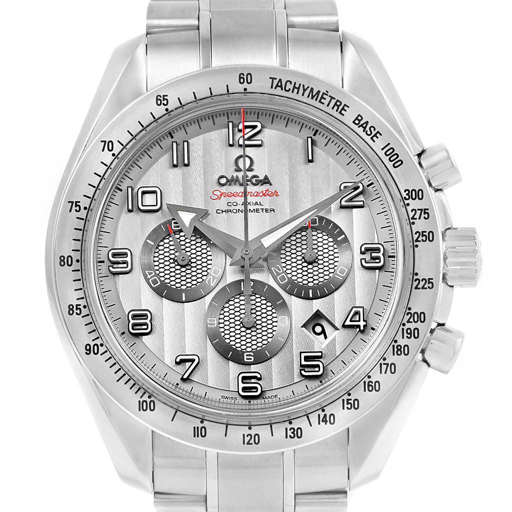 This image shows the front view of an Omega Speedmaster 321.10.44.50.02.001 Men's Stainless Steel Silver Dial 321.10.44.50.02.001 Men's Stainless Steel Silver Dial watch featuring its dial, sub-dials, Tachymeter, and stainless steel bracelet.