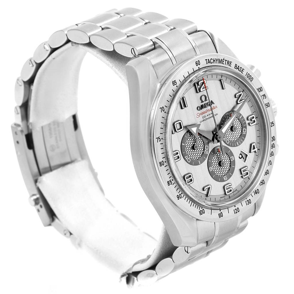 The Omega Speedmaster 321.10.44.50.02.001 Men's Stainless Steel Silver Dial 321.10.44.50.02.001 Men's Stainless Steel Silver Dial watch is shown at a three-quarter angle, highlighting its face, tachymeter bezel, and metal bracelet.