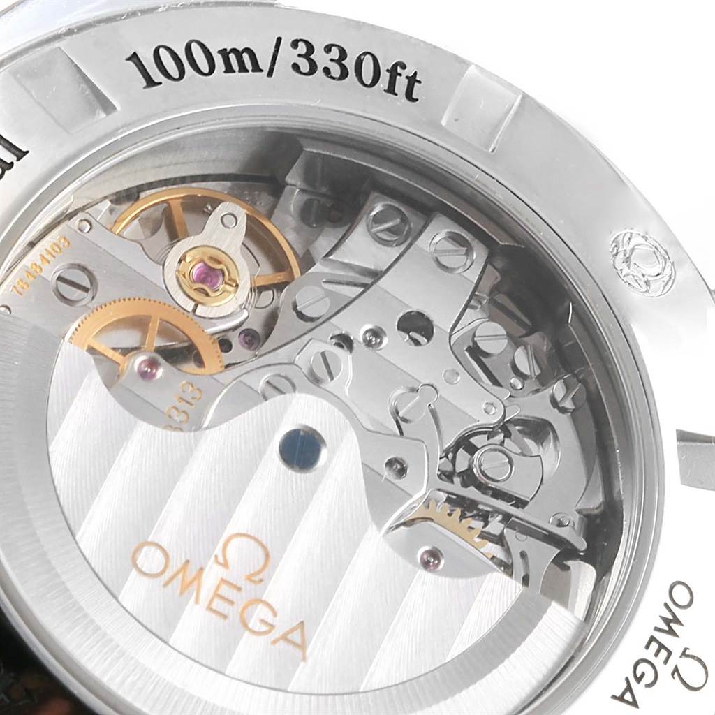 The image shows the back view of an Omega Speedmaster 321.10.44.50.02.001 Men's Stainless Steel Silver Dial 321.10.44.50.02.001 Men's Stainless Steel Silver Dial watch, highlighting its internal mechanical components and water resistance feature.