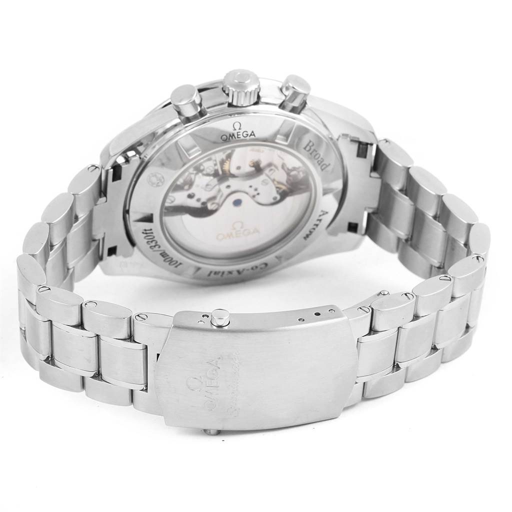 The image shows the back view of an Omega Speedmaster 321.10.44.50.02.001 Men's Stainless Steel Silver Dial 321.10.44.50.02.001 Men's Stainless Steel Silver Dial watch highlighting its case back, movement, and bracelet.