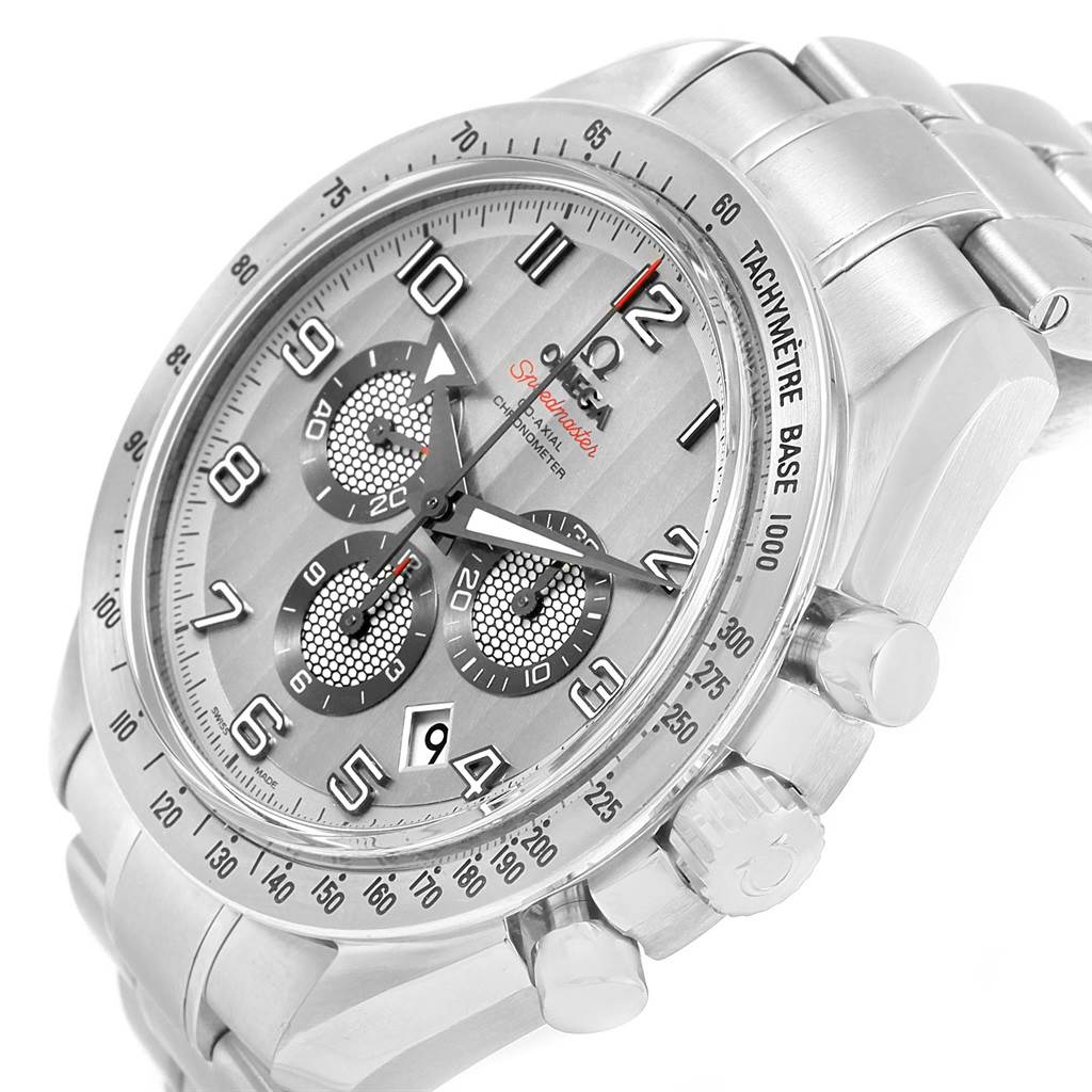 This image shows an angled close-up of an Omega Speedmaster 321.10.44.50.02.001 Men's Stainless Steel Silver Dial 321.10.44.50.02.001 Men's Stainless Steel Silver Dial watch, displaying the face, bezel, crown, and chronograph pushers.