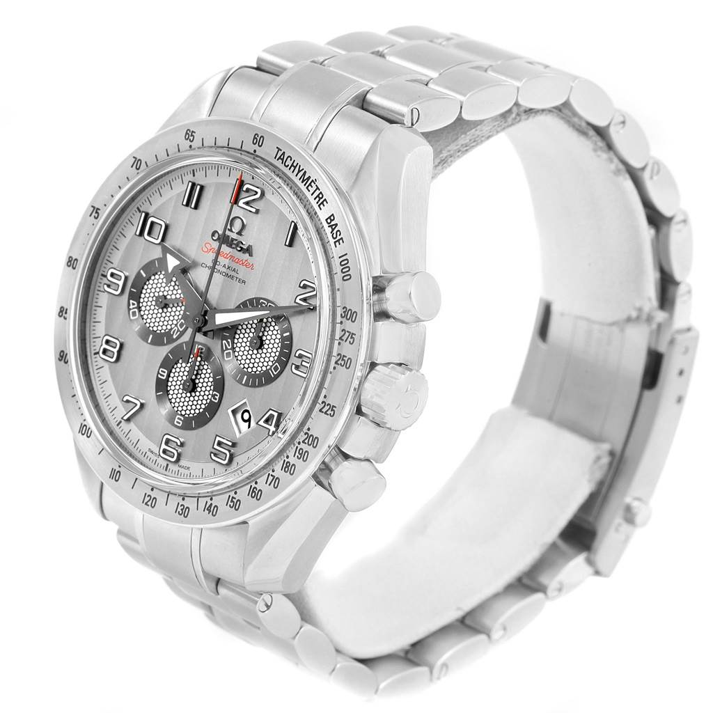This image shows a 3/4 side view of the Omega Speedmaster 321.10.44.50.02.001 Men's Stainless Steel Silver Dial 321.10.44.50.02.001 Men's Stainless Steel Silver Dial watch, highlighting the face, bezel, and metal bracelet.