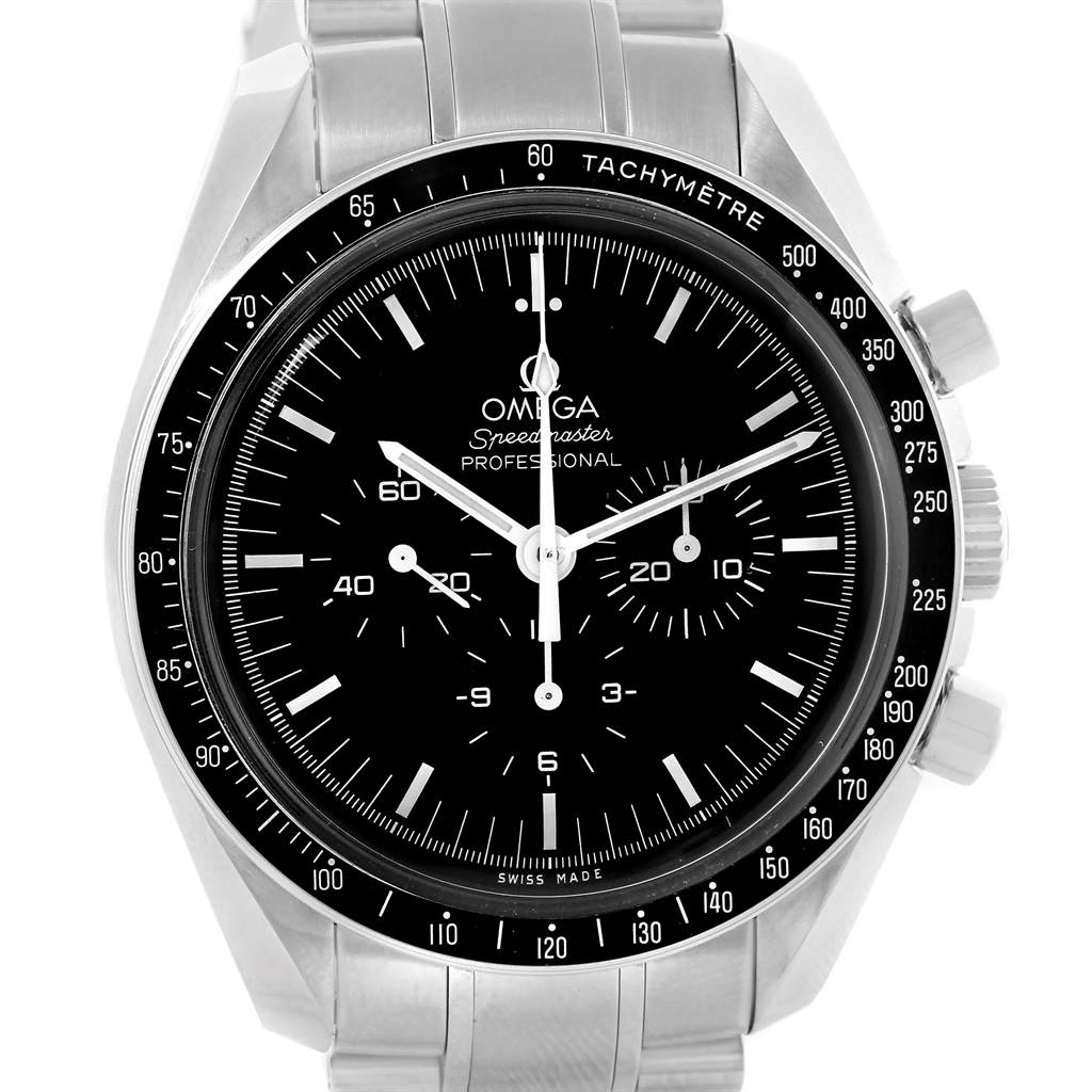 The image shows a front view of an Omega Speedmaster 311.30.42.30.01.005 Men
s Stainless Steel Black Dial 311.30.42.30.01.005 Men
s Stainless Steel Black Dial watch, highlighting its dial, bezel, and pushers.