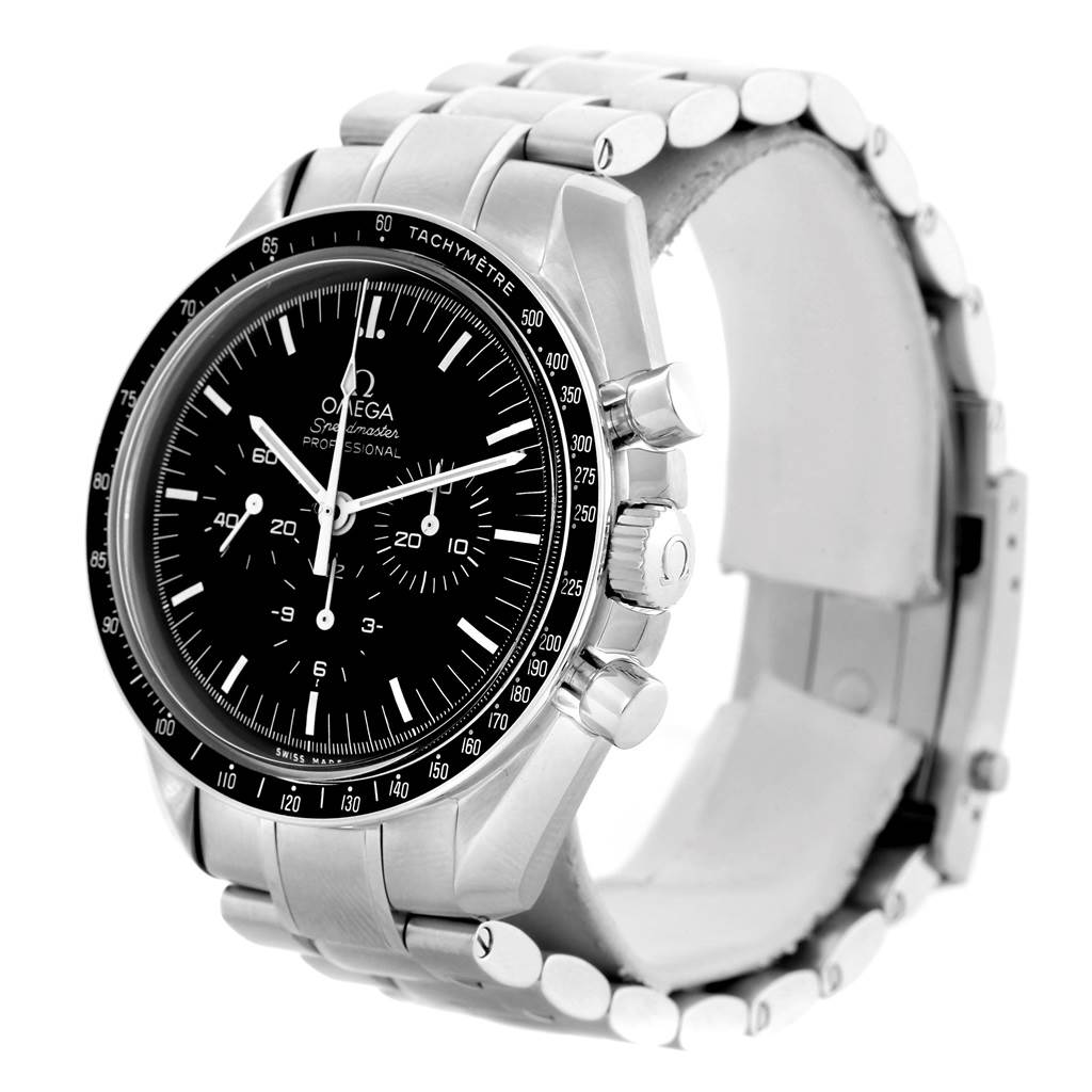 The image shows a front and side view of the Omega Speedmaster 311.30.42.30.01.005 Men
s Stainless Steel Black Dial 311.30.42.30.01.005 Men
s Stainless Steel Black Dial watch, highlighting the dial, bezel, and bracelet.