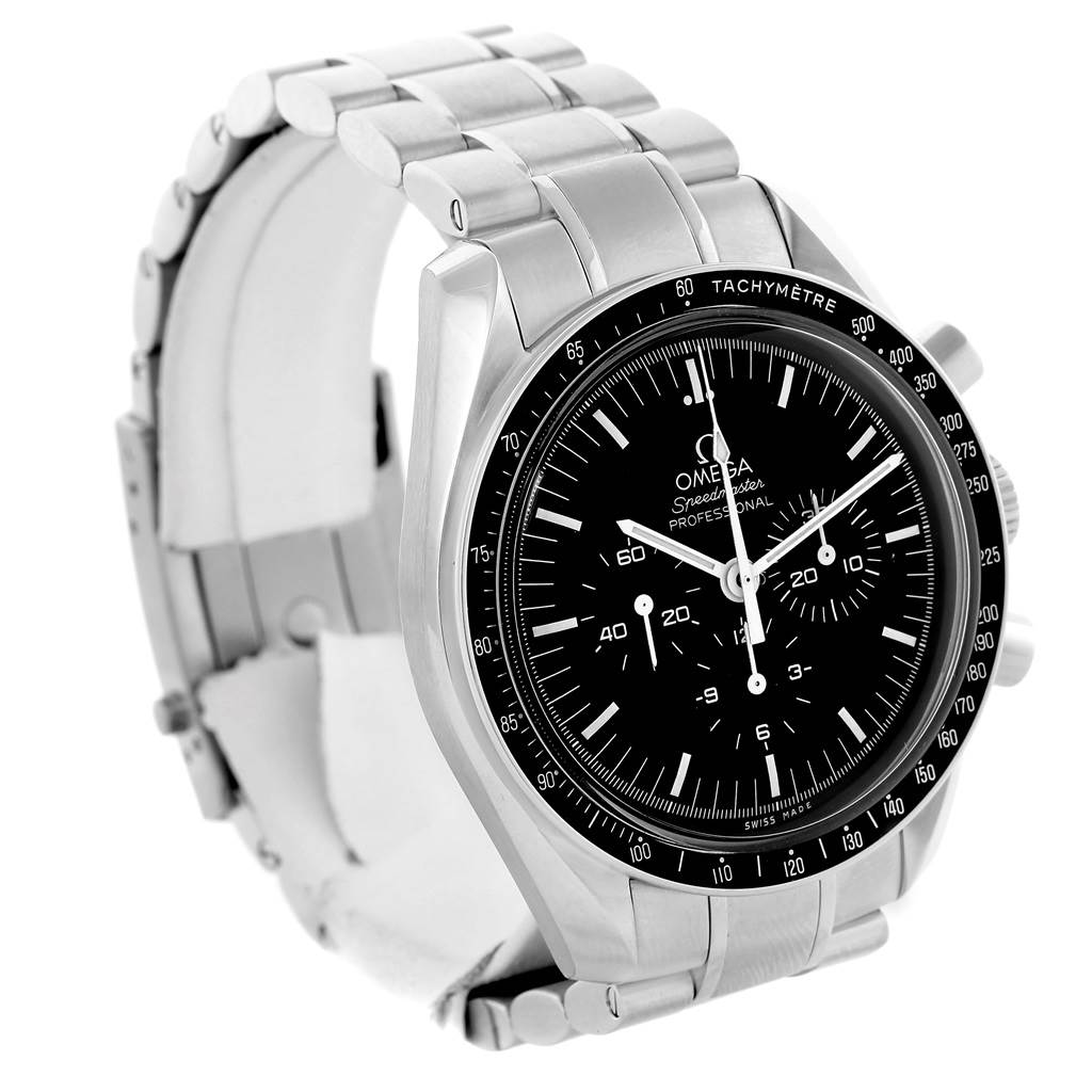 The Omega Speedmaster 311.30.42.30.01.005 Men
s Stainless Steel Black Dial 311.30.42.30.01.005 Men
s Stainless Steel Black Dial watch is shown at a slight angle, displaying its full dial, bezel, and part of the metal bracelet.