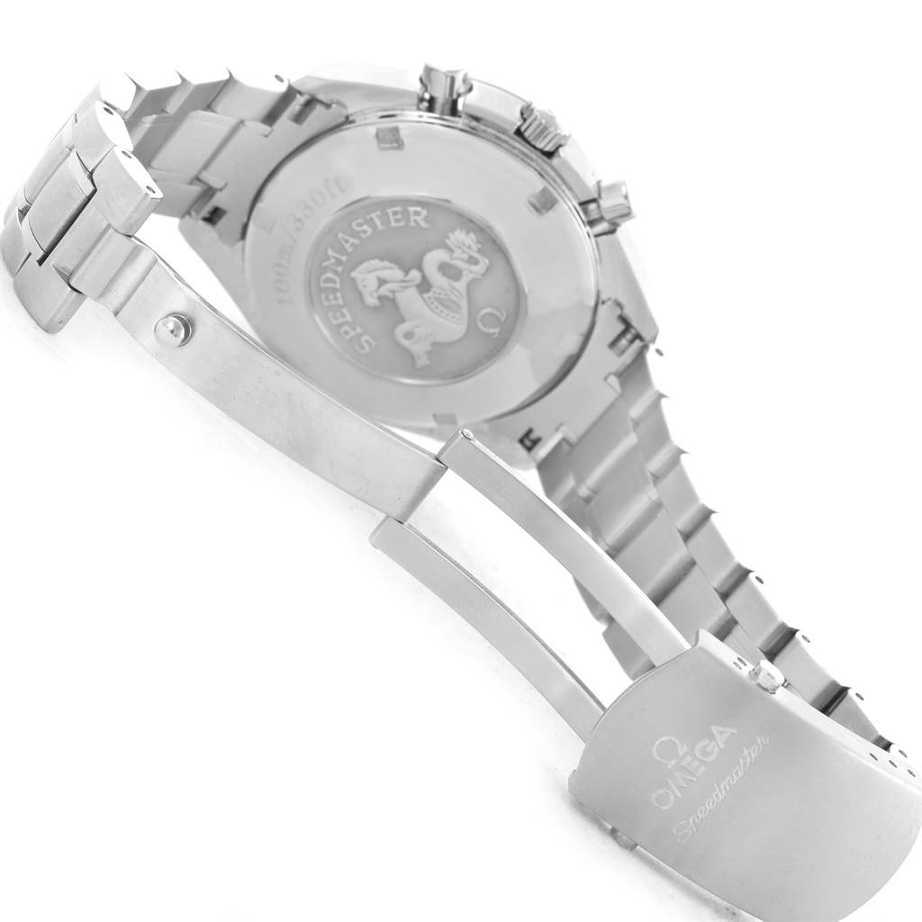 The image displays a rear angled view of an Omega Speedmaster 3220.50.00 Men
s Stainless Steel Black Dial 3220.50.00 Men
s Stainless Steel Black Dial watch focusing on the closed clasp and case back detailing.