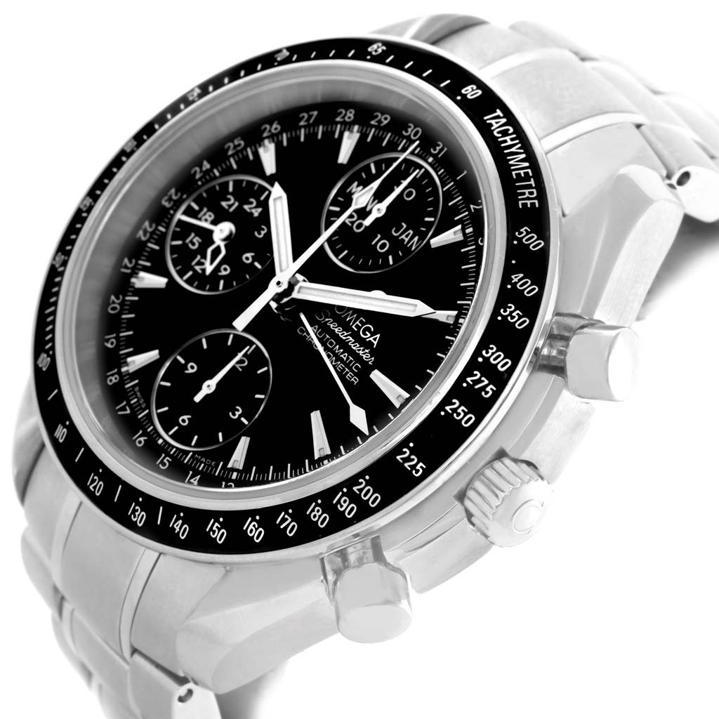 The image shows a close-up, angled view of an Omega Speedmaster 3220.50.00 Men
s Stainless Steel Black Dial 3220.50.00 Men
s Stainless Steel Black Dial watch, highlighting the dial, bezel, crown, and pushers.