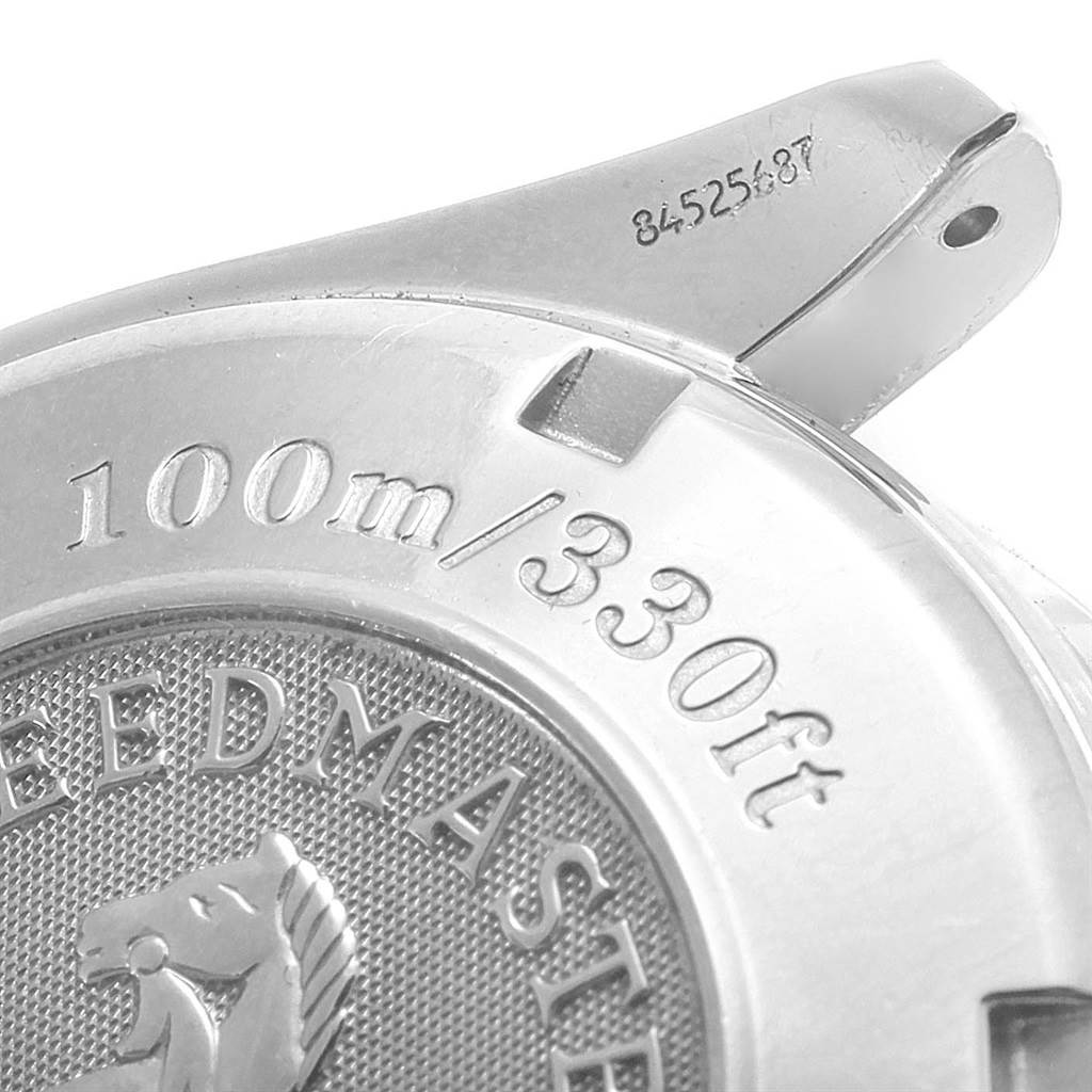 This image shows the back of an Omega Speedmaster 3220.50.00 Men
s Stainless Steel Black Dial 3220.50.00 Men
s Stainless Steel Black Dial watch displaying the water resistance and partial branding.